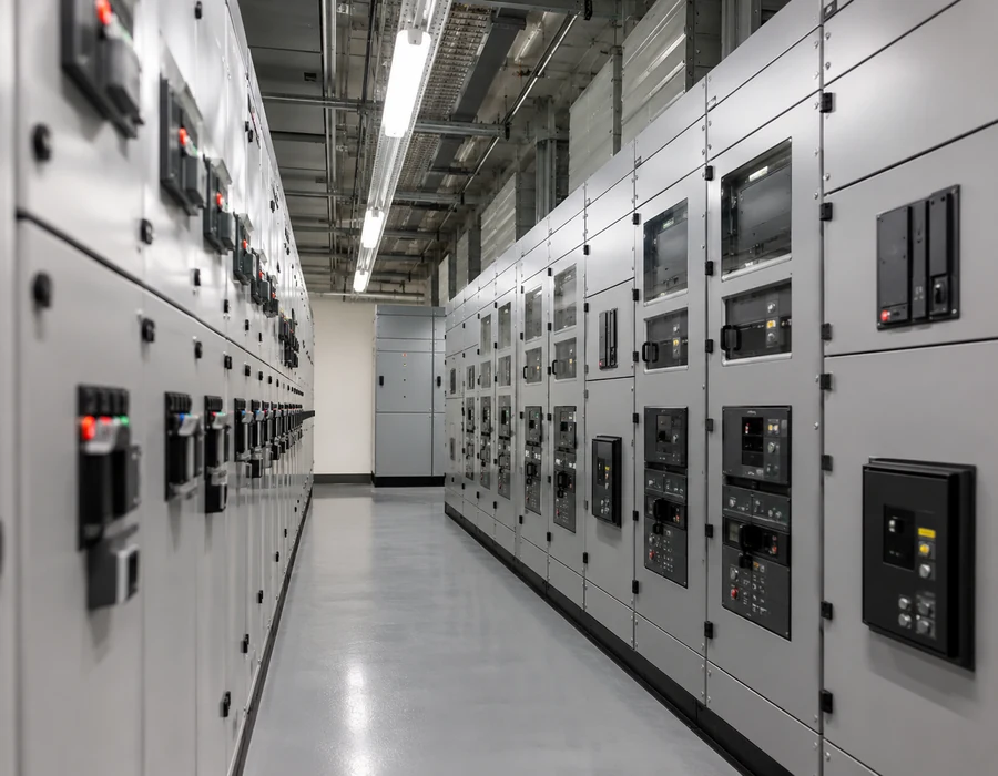 Switchgear aisle in a modern industrial control room