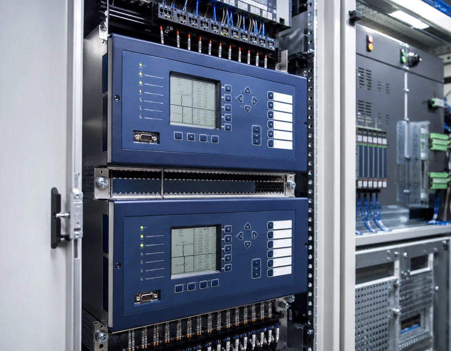 Protective relays and control components inside a switchgear control cabinet