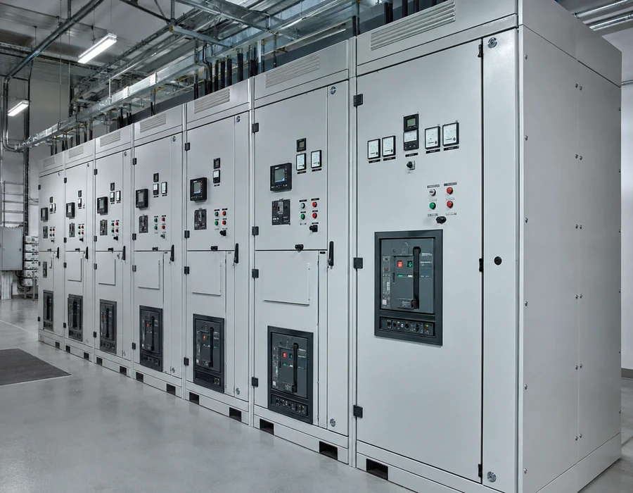 Modern metal-clad switchgear lineup in a clean electrical room